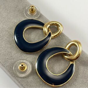Vintage Monet Door Knockers Gold & Black Enamel Interlocking Dangle Earrings